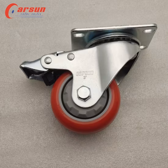 3 Inch Medium Duty Red Polyurethane Brake Caster Industrial Casters