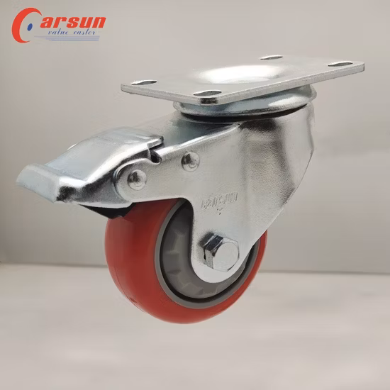 3 Inch Medium Duty Red Polyurethane Brake Caster Industrial Casters