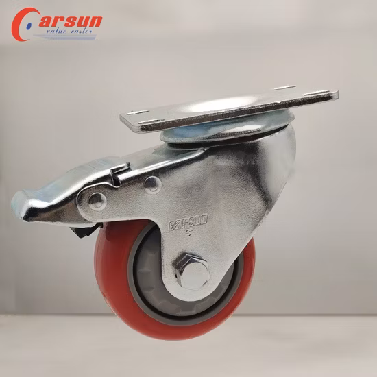 3 Inch Medium Duty Red Polyurethane Brake Caster Industrial Casters