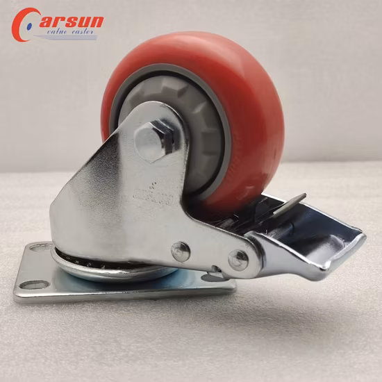 3 Inch Medium Duty Red Polyurethane Brake Caster Industrial Casters